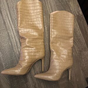 SCHUTZ Tan Heeled Boots with Croc Texture